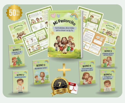 Acompaña tu hij@ a descubrir a Jesús de forma divertida y práctica! Con más de 150 páginas imprimibles para enseñar valores y Fe en casa.